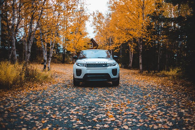 A parked car surrounded by trees and orange leaves.
